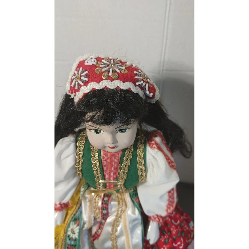 Porcelain Doll Folk Art 16in Red Great Traditional Costume Seated